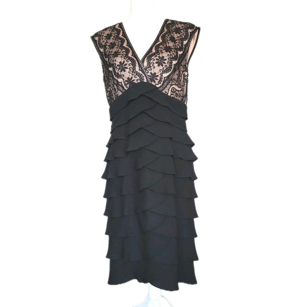 Jessica Howard Cocktail Dress Womens 12 Black Tan Lace Tiered Gala Ball Evening‎